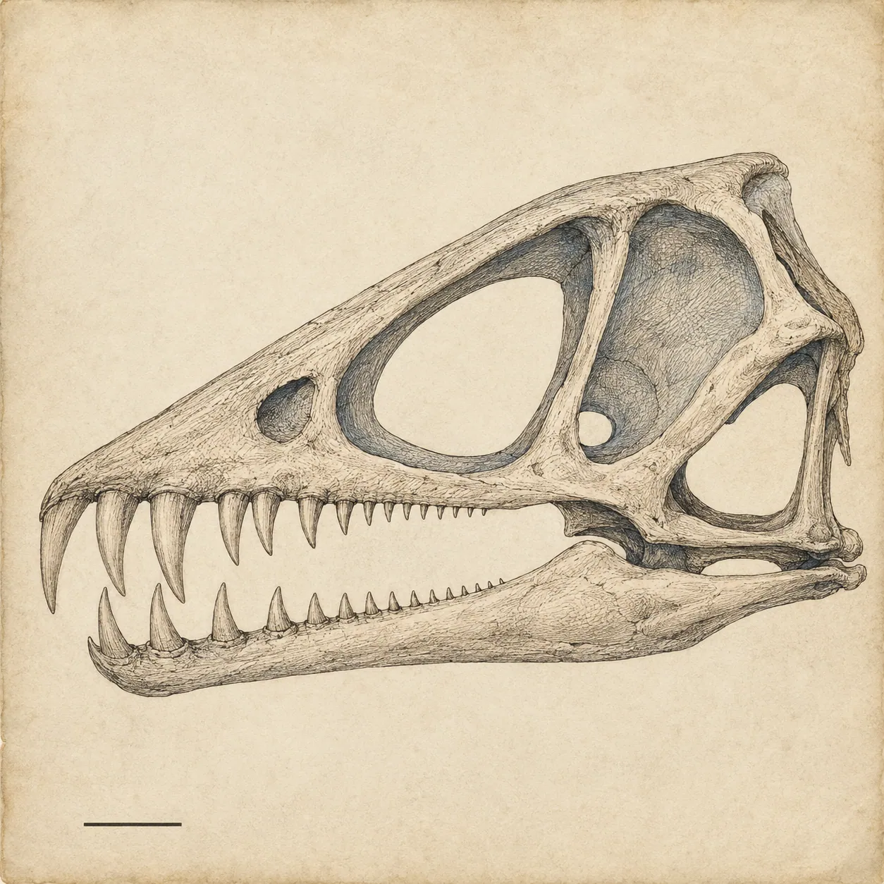 The deep, lightly built skull of Dimorphodon, with long fang-like front teeth and smaller teeth behind.