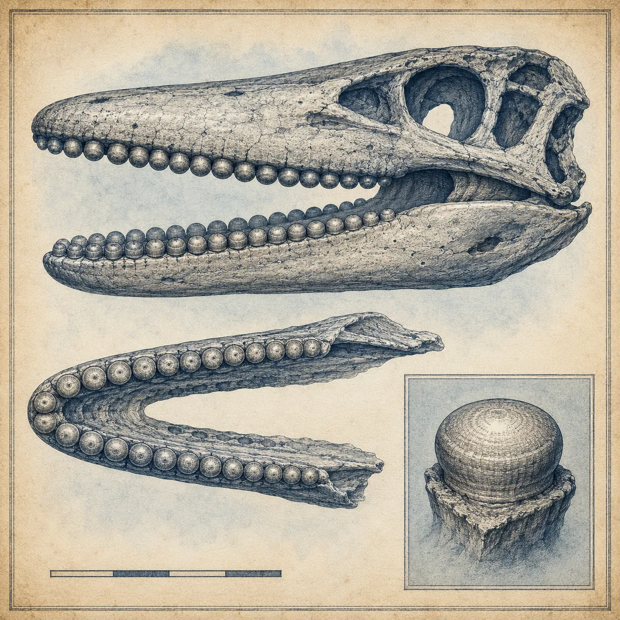 Jaw and rounded, ball-shaped crushing teeth of Globidens, with a detail of a single button tooth.