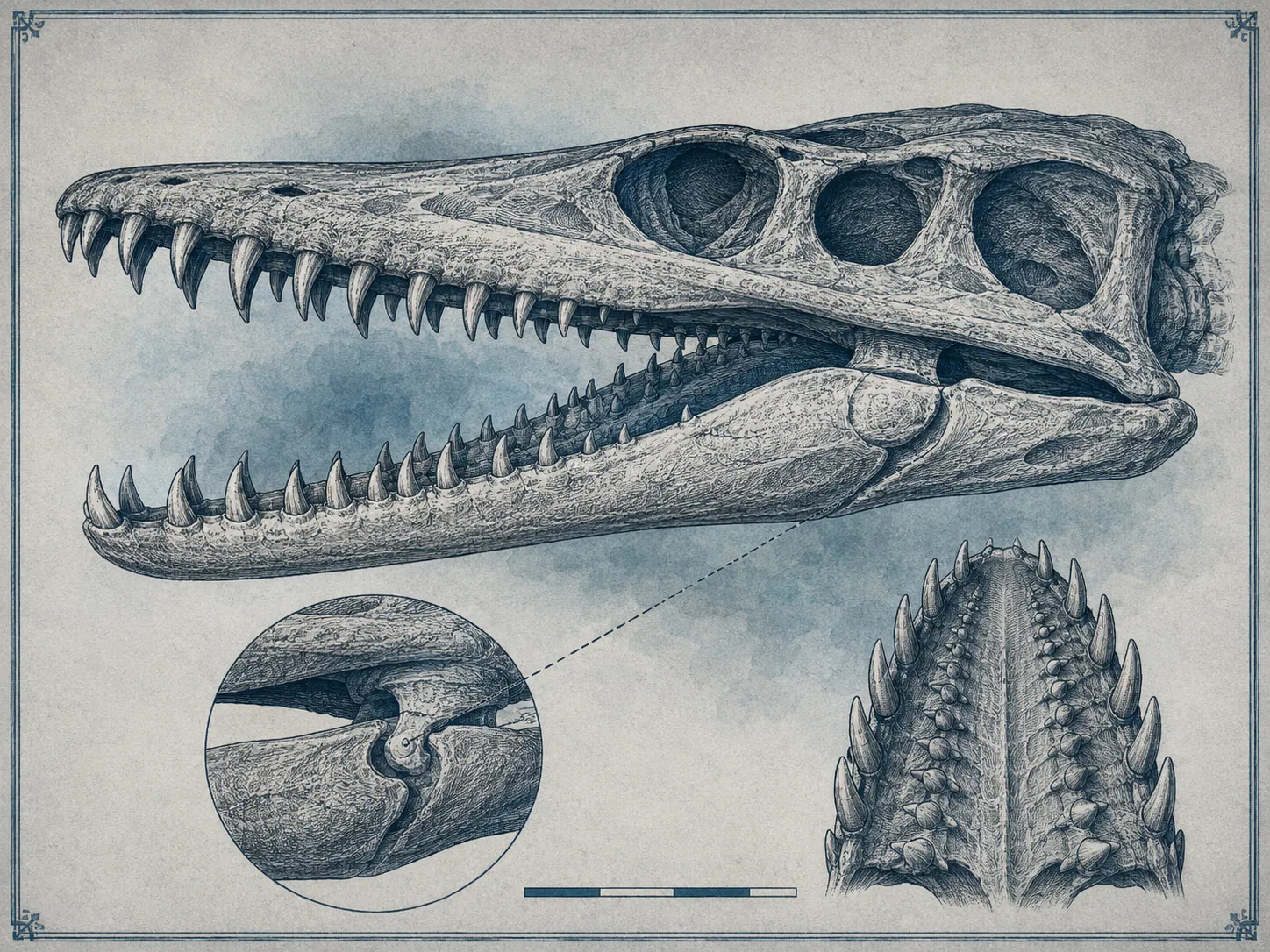 Skull of Mosasaurus showing conical cutting teeth, the hinged lower jaw, and pterygoid teeth on the palate.