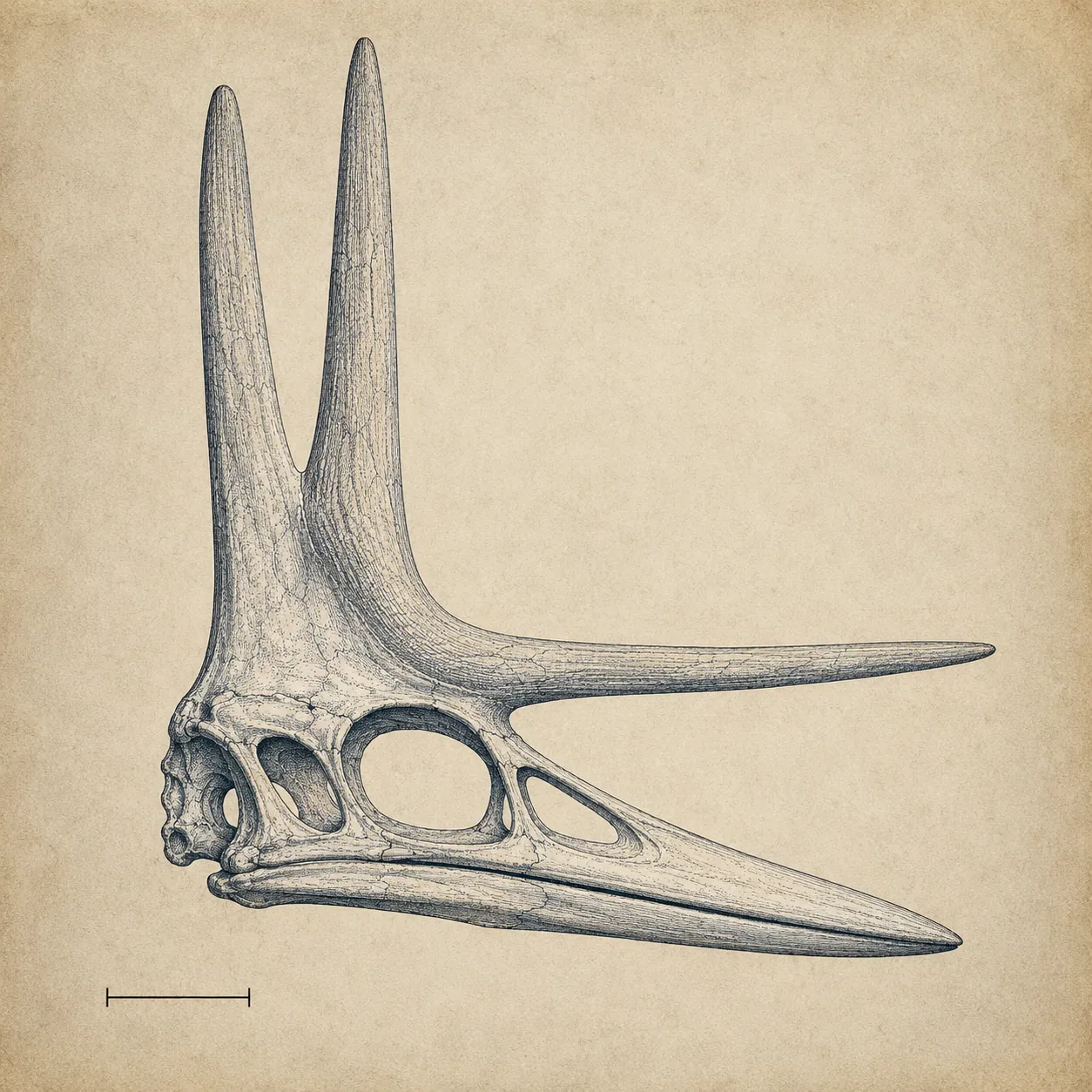 Skull of Nyctosaurus showing the enormous antler-like cranial crest of two long bony spars.