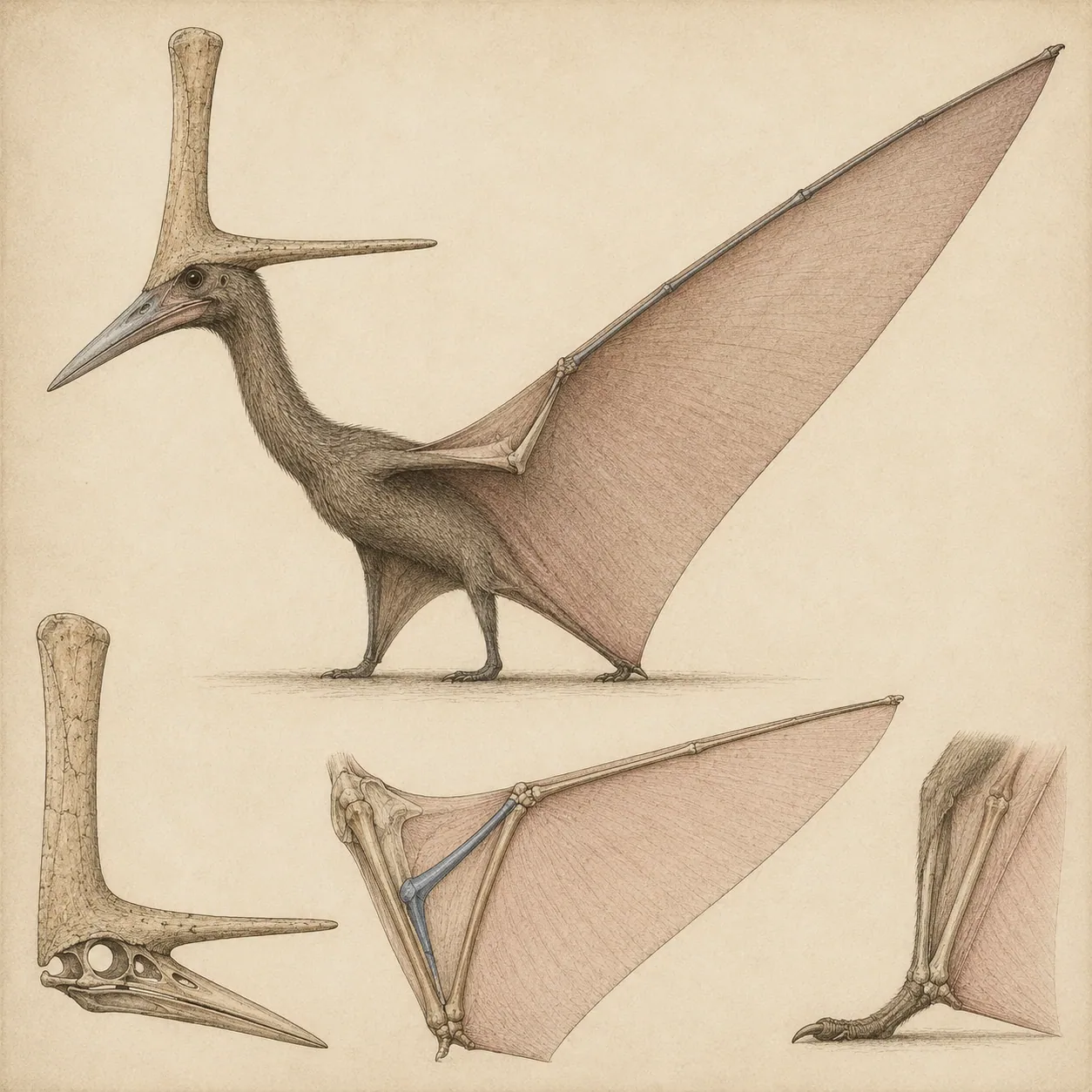 Wing structure of Nyctosaurus, showing the single elongated wing-finger and the absence of the smaller clawed fingers.