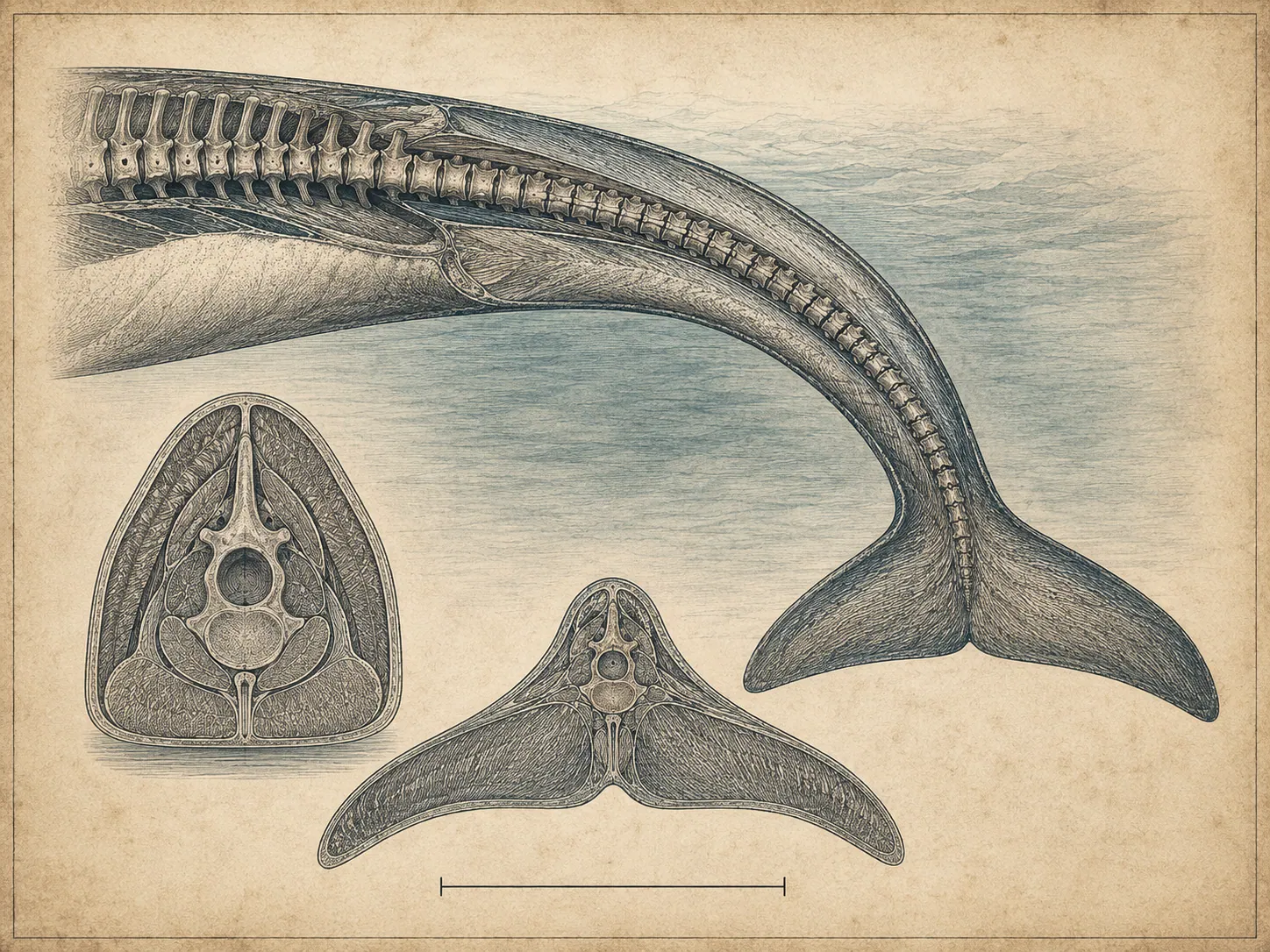 The downturned tail of Platecarpus, the vertebral column bending into a soft-tissue fluke.