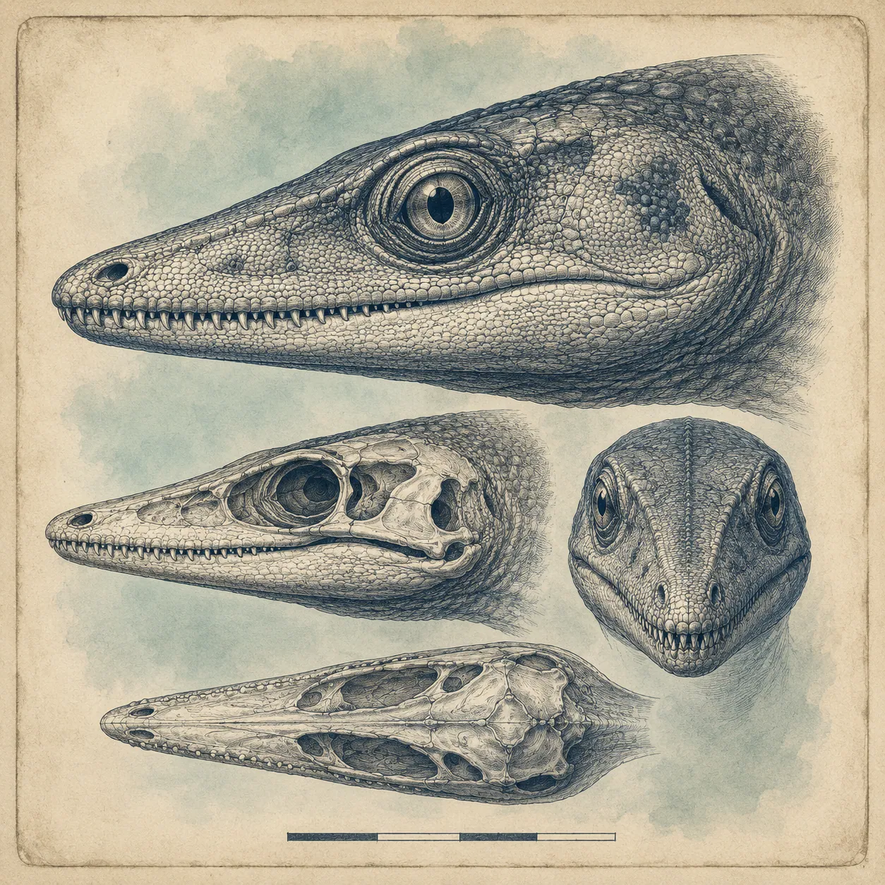 Head of Plotosaurus showing the large eye and narrow pointed snout with conical teeth.
