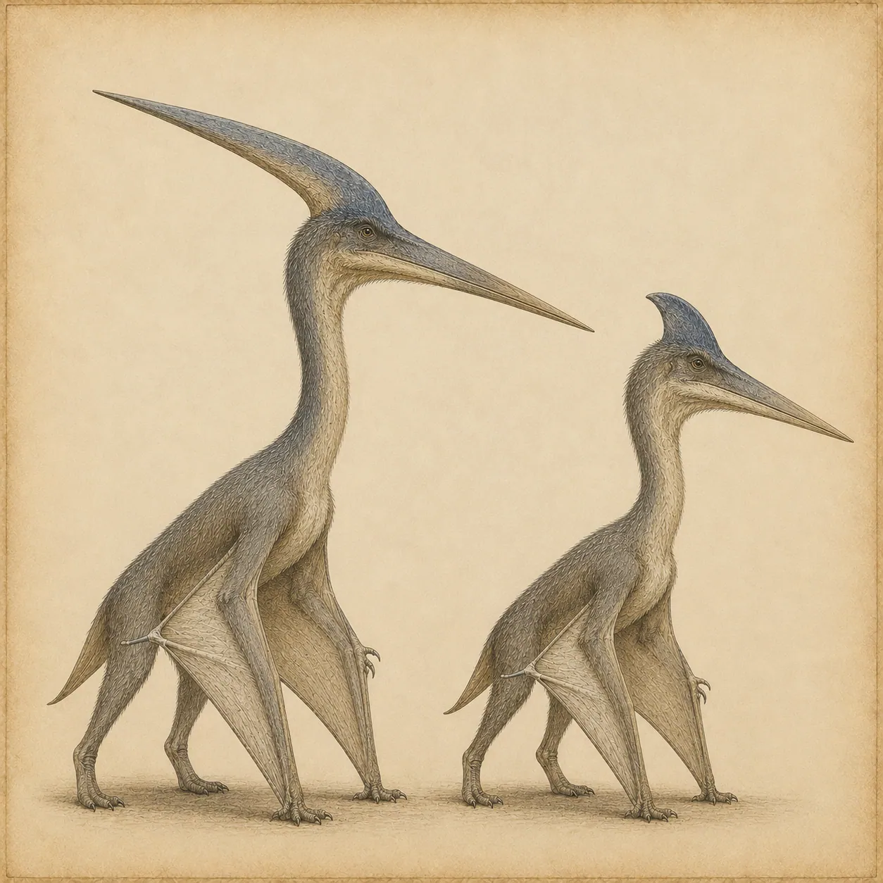 Two Pteranodon to scale: a large male with a long backward crest beside a smaller female with a short rounded crest.