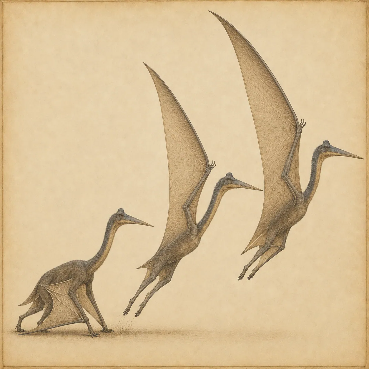 Reconstruction of Quetzalcoatlus launching on all four limbs, from a crouch to airborne.