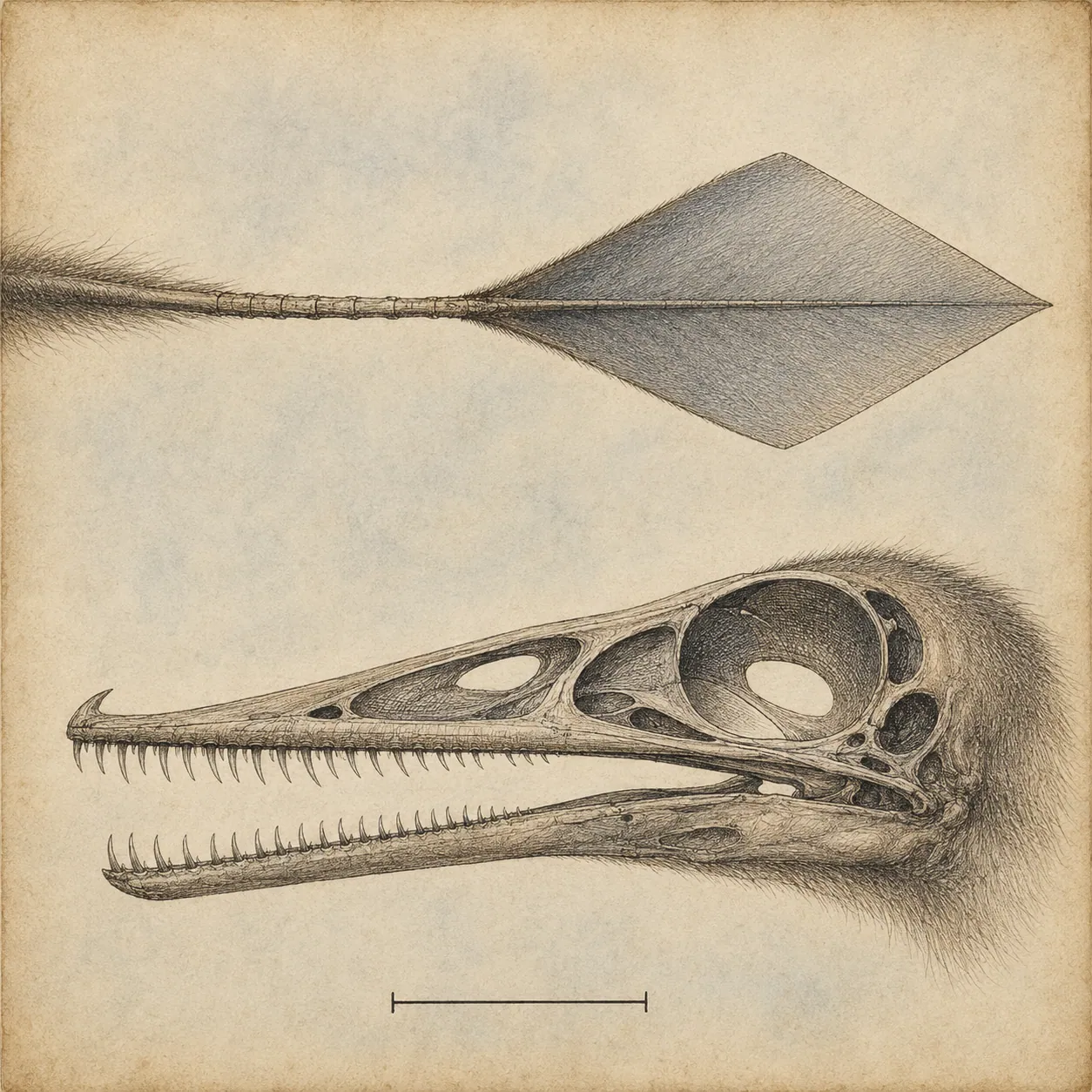 Detail of a Rhamphorhynchus skull with forward-pointing needle teeth, and the diamond-shaped soft-tissue vane at the tail tip.