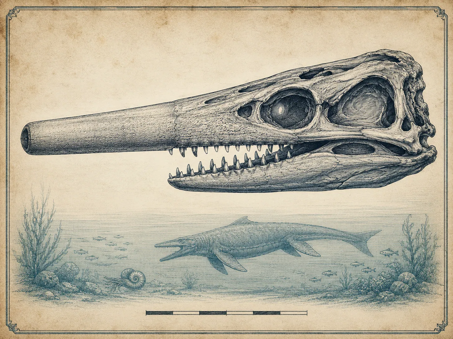 Skull of Tylosaurus showing the long toothless bony snout projecting beyond the first teeth.